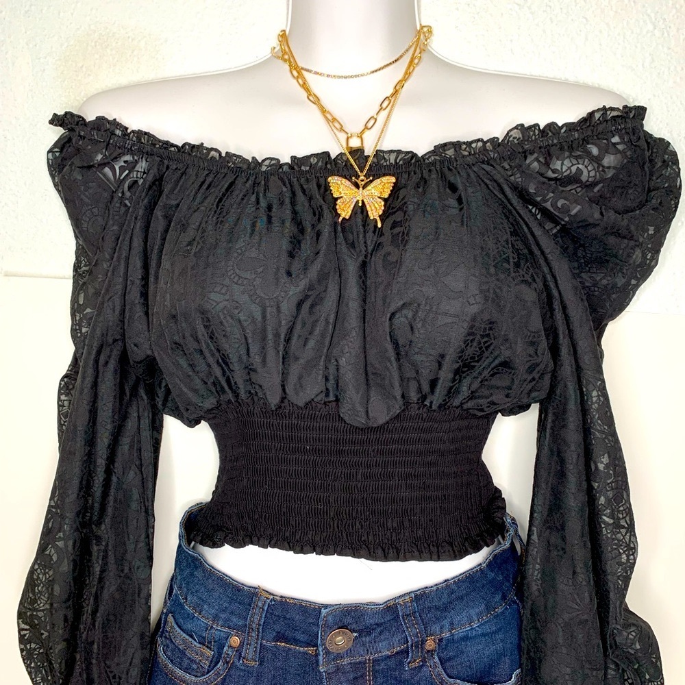 New Black Blouse Women's  Flounce Long Sleeve Crop Tops Blouse